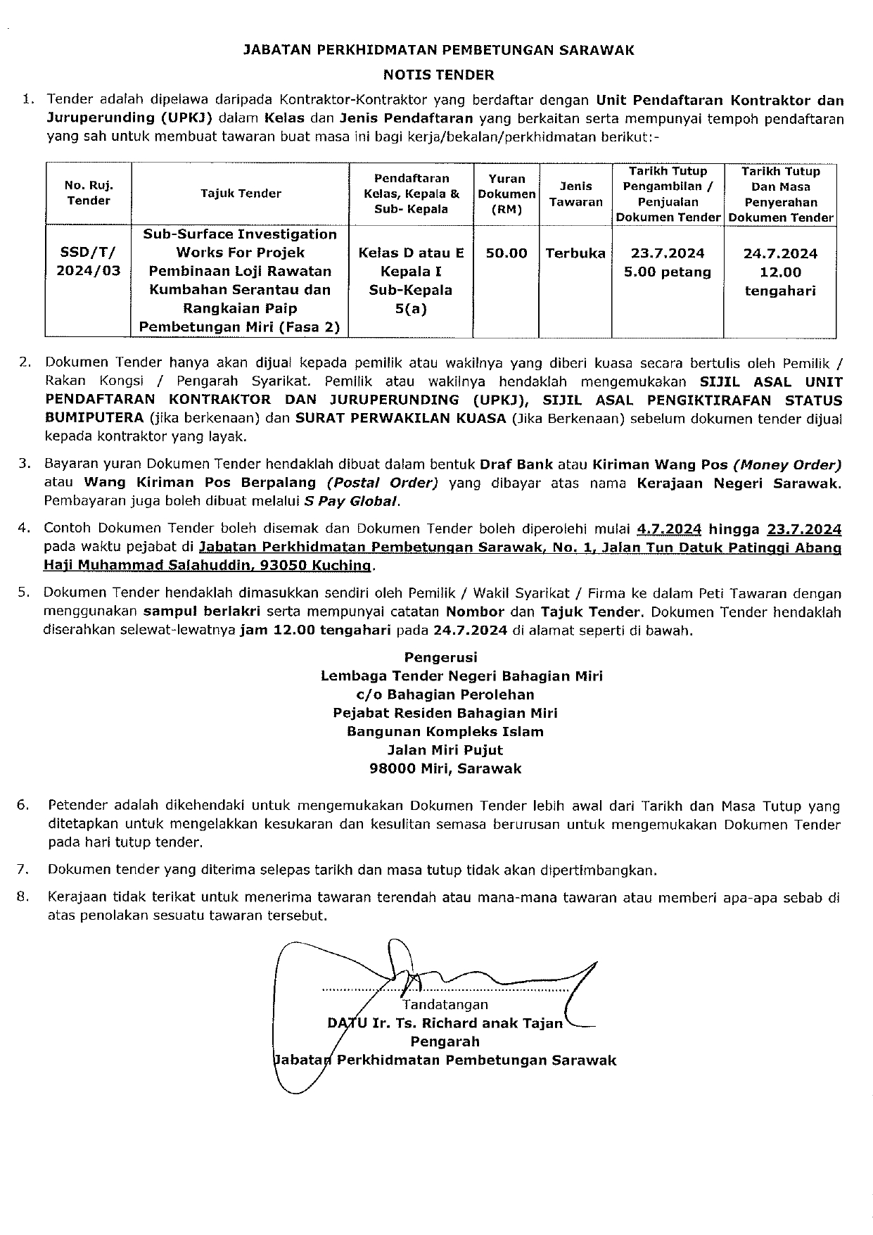 Notice Tender SSD/T/2024/03